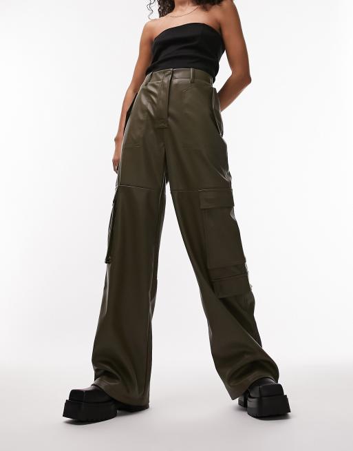 Faux Leather Wide Leg Cargo Trousers With Pocket Detail by