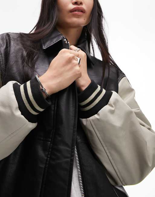 Adpt Oversized Varsity Bomber Jacket with Faux Leather Sleeves in Black