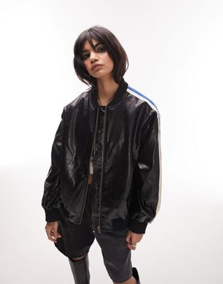 Topshop faux leather vintage oversized track style bomber jacket in black
