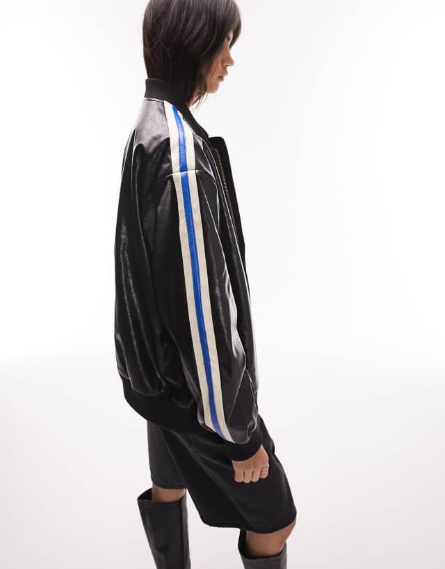 Topshop faux leather vintage oversized track style bomber jacket in black 1