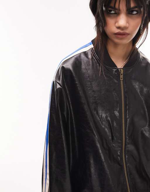 Topshop faux leather vintage oversized track style bomber jacket in black