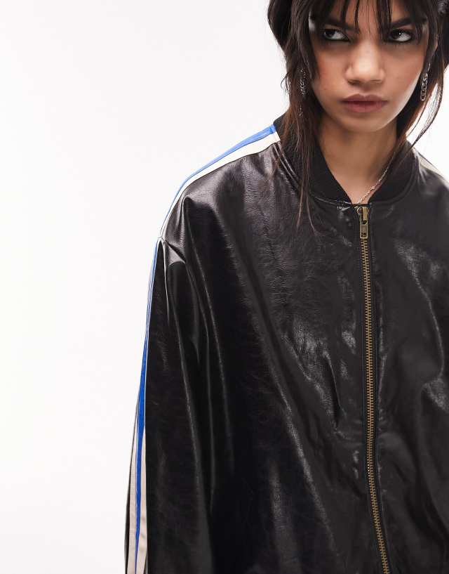Topshop faux leather vintage oversized track style bomber jacket in black 2