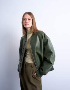 Faux leather vintage wash oversized collarless bomber jacket in green