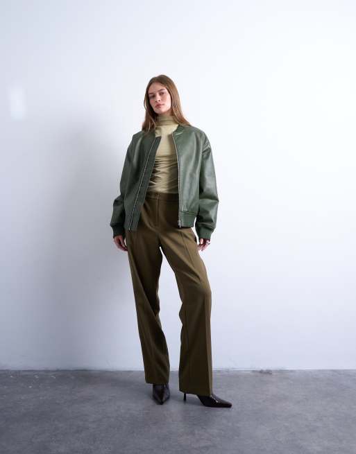 Topshop faux leather vintage wash oversized collarless bomber jacket in green