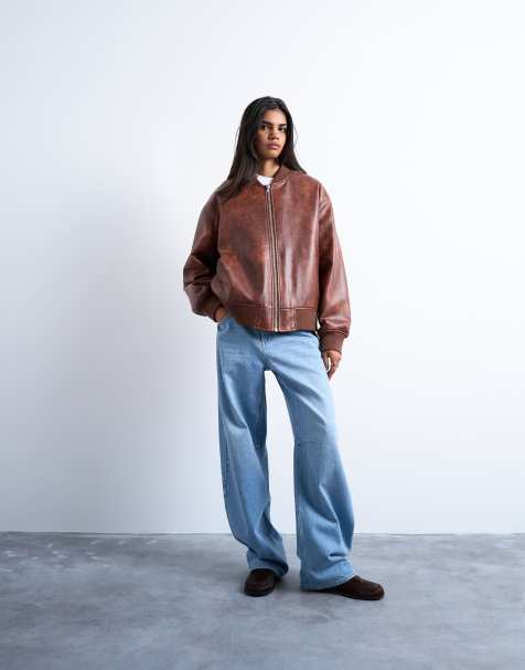 Topshop faux leather vintage wash oversized collarless bomber jacket in tan - view 1