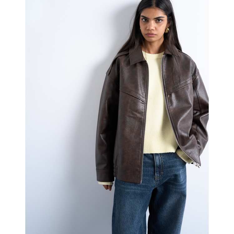 Topshop faux leather vintage wash seam detail zip thru oversized