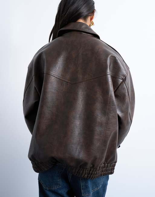 Topshop faux leather vintage wash seam detail zip thru oversized