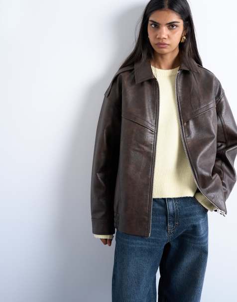 Topshop faux leather vintage wash seam detailing zip up oversized bomber jacket in washed brown - view 1