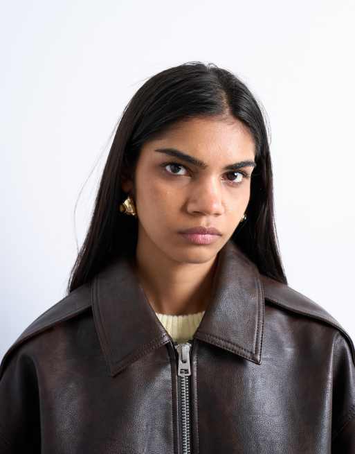 Topshop faux leather vintage wash seam detailing zip up oversized