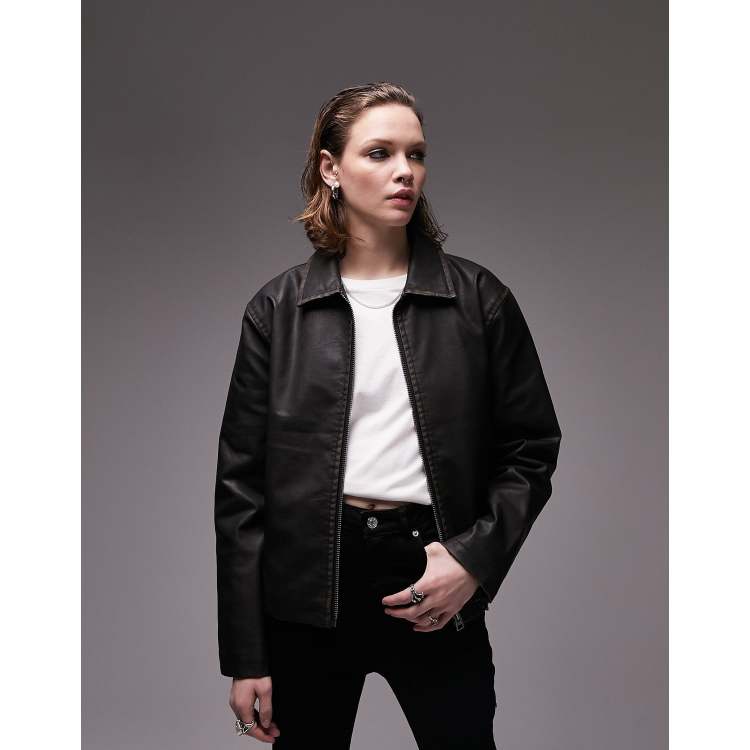 Topshop faux leather vintage washed zip through jacket in 