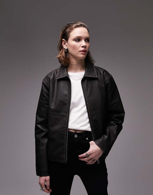 Topshop faux leather vintage washed zip through jacket in chocolate