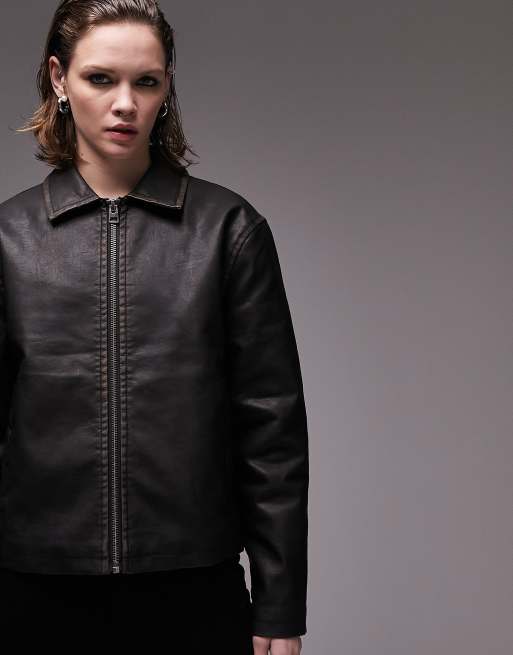 Topshop faux leather vintage washed zip through jacket in 