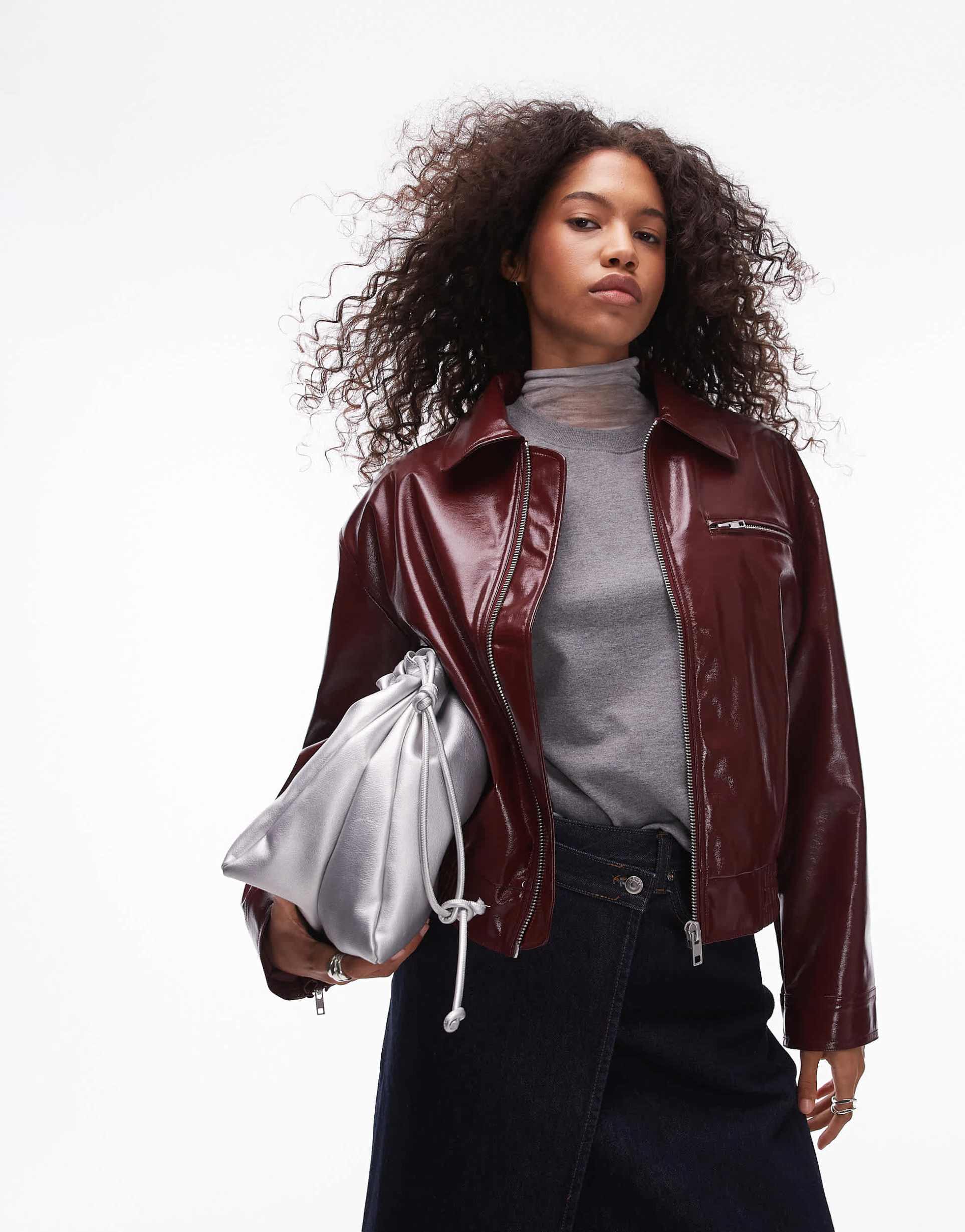 topshop faux leather vinyl bomber jacket in burgundy