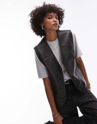 Topshop faux leather waist coat in black