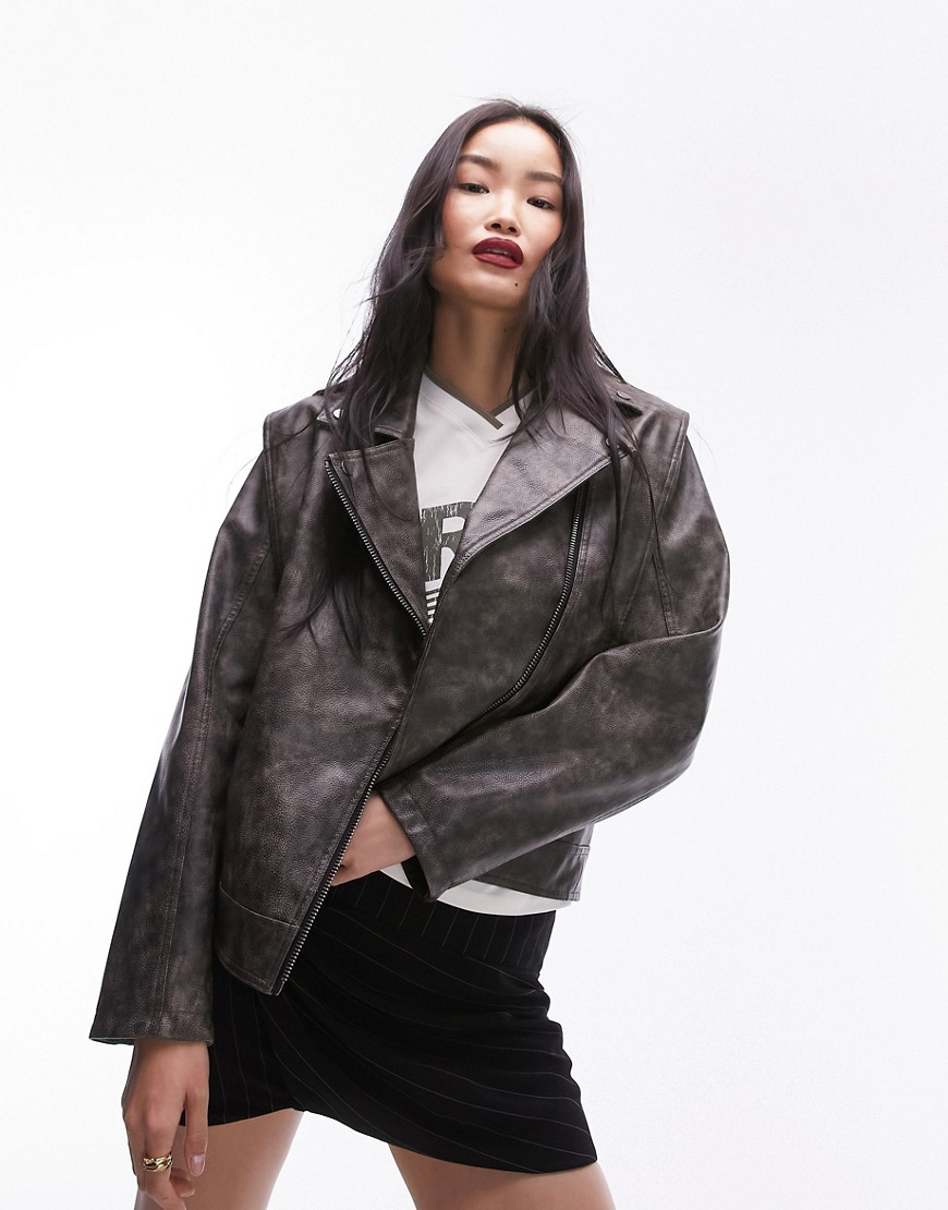faux leather washed biker jacket in gray