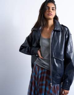 Faux leather washed blue bomber jacket in washed blue