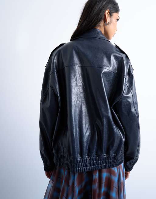 Topshop faux leather washed blue bomber jacket in washed blue, 4 of 4