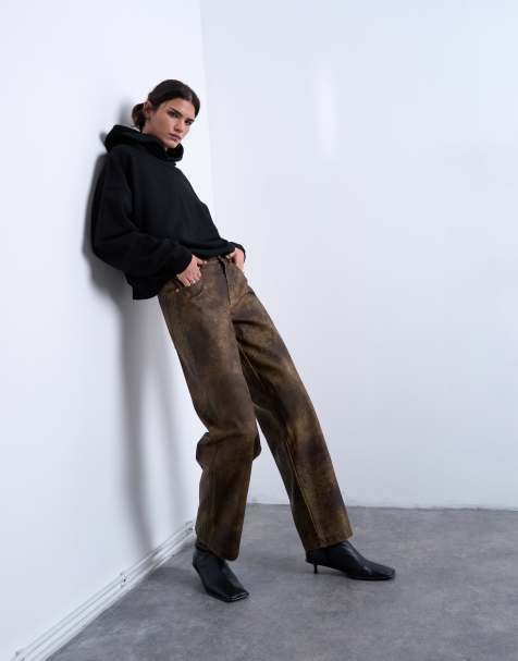 Topshop faux leather washed brown straight leg pants in brown - view 1