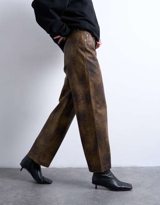 Topshop faux leather washed brown straight leg trouser in brown, 2 of 5