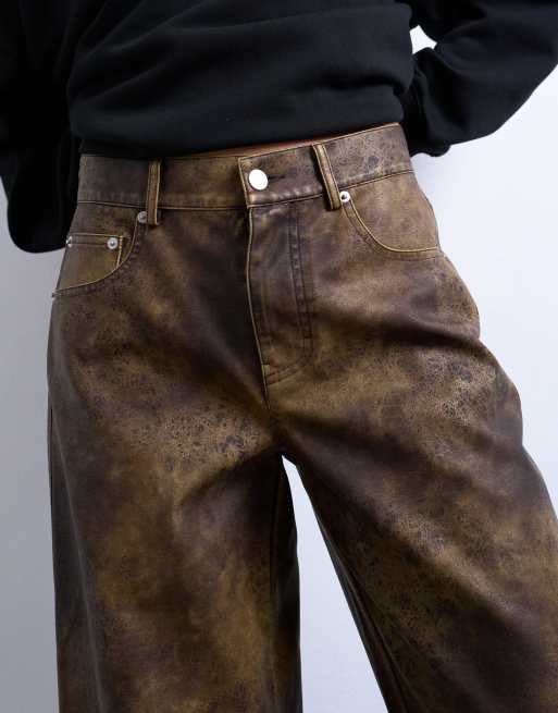 Topshop faux leather washed brown straight leg trouser in brown, 3 of 5