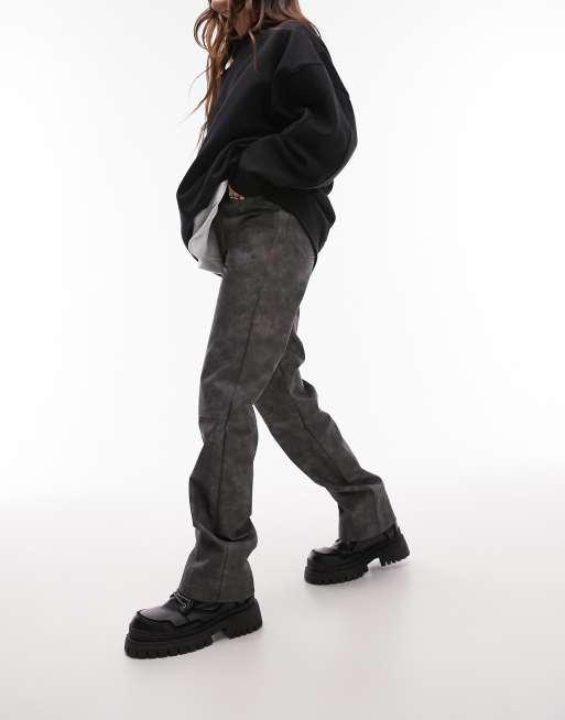 Grey Straight Leg Faux Leather Trousers