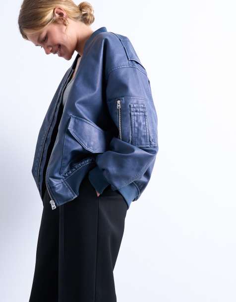 Topshop faux leather washed MA1 bomber jacket in denim blue - view 1