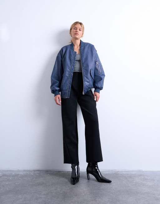 Topshop faux leather washed MA1 bomber jacket in denim blue
