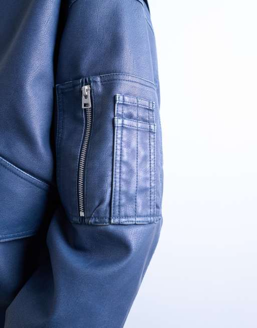 Topshop faux leather washed MA1 bomber jacket in denim blue
