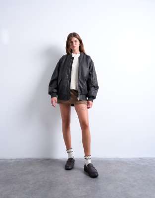 Topshop Faux Leather Washed Ma1 Bomber Jacket In Black