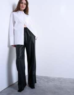 Faux leather wide leg jogger with pinseam detail in black