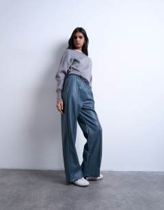 Faux leather wide leg jogger with pinseam detail in blue