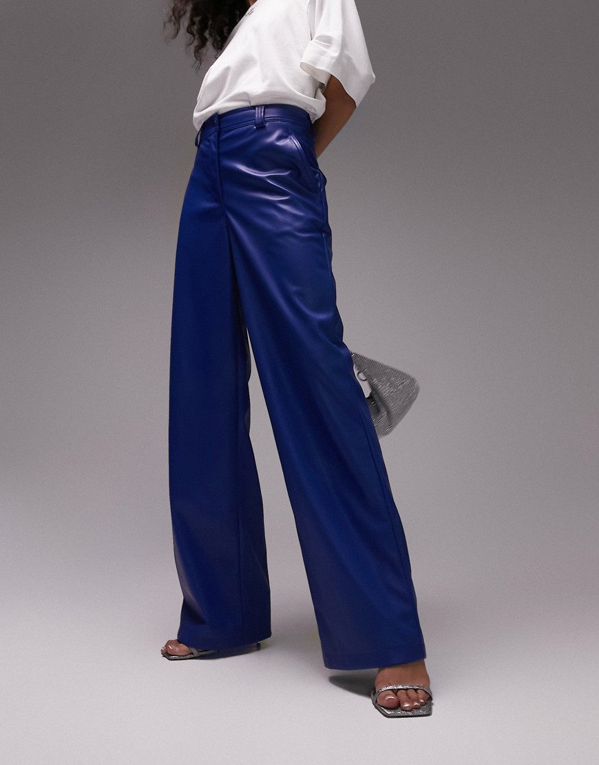faux leather wide leg pants in azure blue