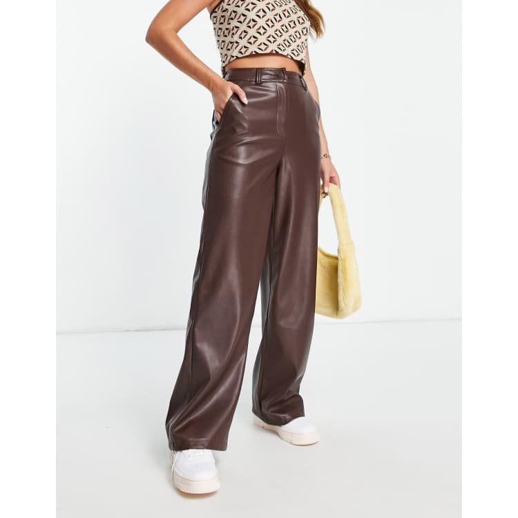 Topshop faux leather wide leg pants in chocolate