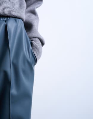 Topshop Faux Leather Wide Leg Sweatpants With Pinseam Detail In Blue