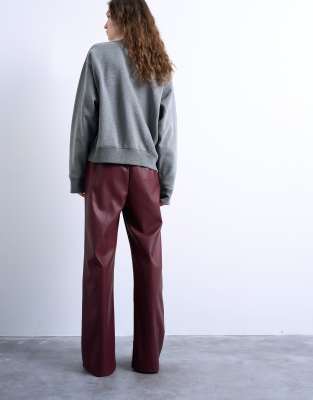 Topshop Faux Leather Wide Leg Sweatpants With Pinseam Detail In Red