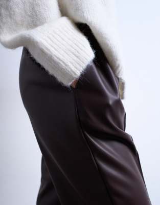 Topshop Faux Leather Wide Leg Sweatpants With Pinseam Detail In Brown
