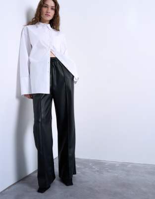 Topshop Faux Leather Wide Leg Sweatpants With Pinseam Detailing In Black