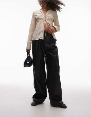 faux leather wide leg tailored pants in black