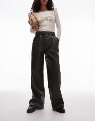 faux leather wide leg tailored pants in khaki-Green