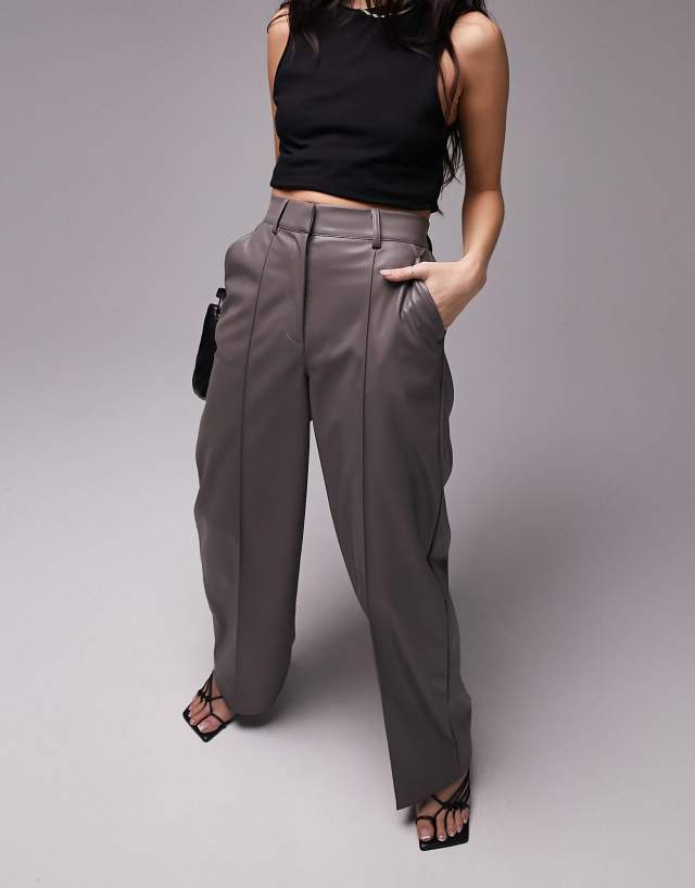 Topshop faux leather wide leg tailored pants in taupe