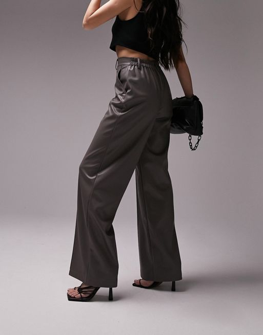 Topshop Tall faux leather wide leg tailored pants in taupe