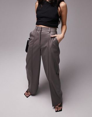 Topshop faux leather wide leg tailored trouser in taupe
