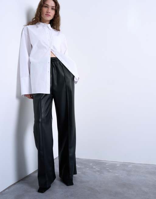Topshop faux leather wide leg trackies with pinseam detail in black