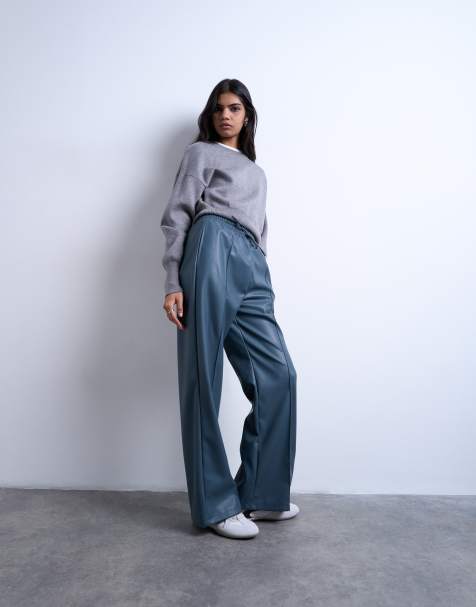 Topshop faux leather wide leg trackies with pinseam detail in blue - view 1