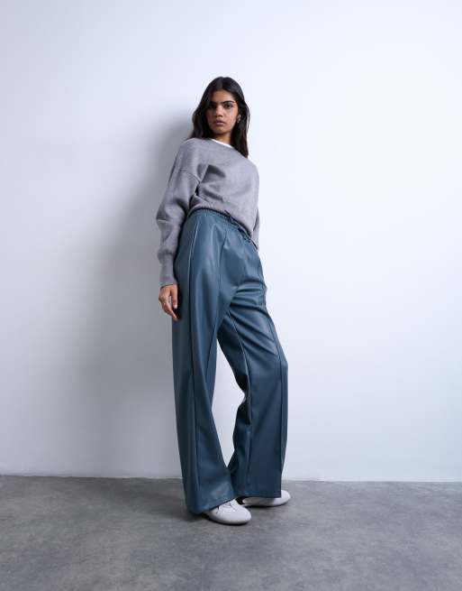 Topshop faux leather wide leg trackies with pinseam detail in blue