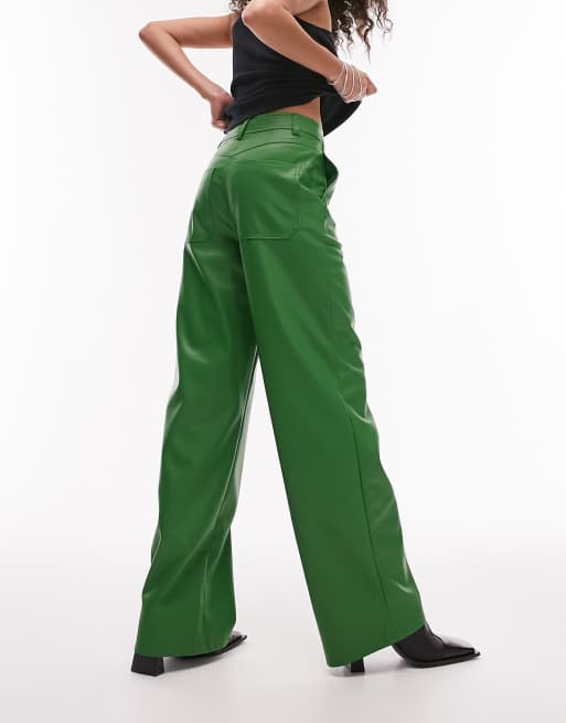 Topshop faux leather wide leg trouser in green