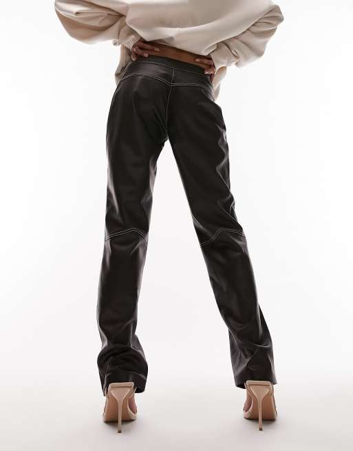 Topshop faux leather wide pants with western stitching detail in chocolate