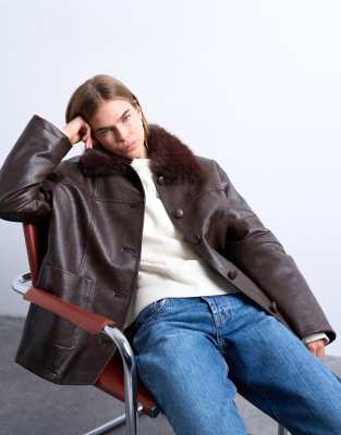 Topshop Faux Leather With Detachable Faux Fur Collar Button Through Padded Shacket In Brown