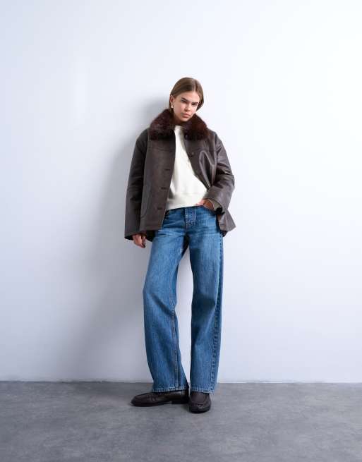 Topshop faux leather with detachable faux fur collar button through padded shacket in washed brown