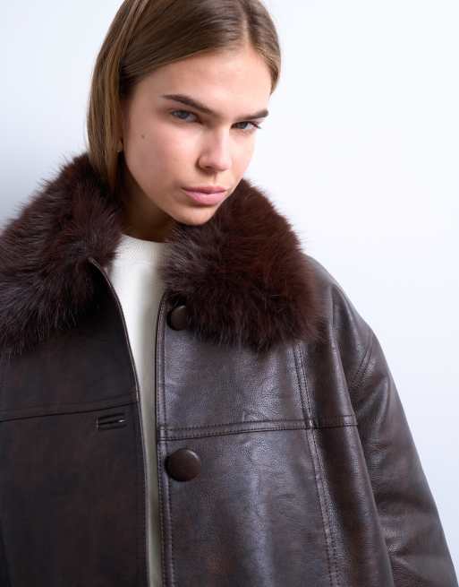 Topshop faux leather with detachable faux fur collar button through padded shacket in washed brown